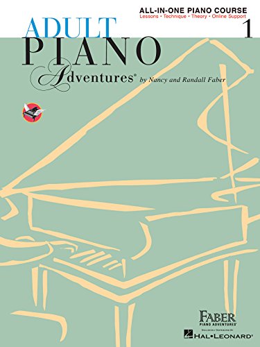 Cover of Adult Piano Adventures Lesson Book 1 with a line drawing of a piano.