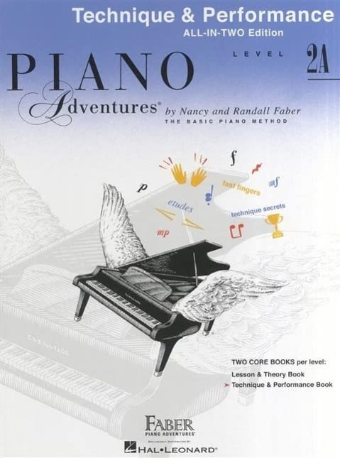 Piano Adventures Level 2A technique book cover with piano and wings illustration.