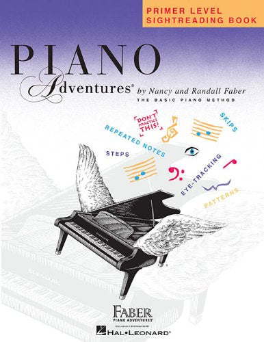 Cover of Piano Adventures Primer Level Sightreading book featuring a winged grand piano illustration.