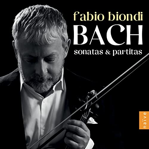 Fabio Biondi portrait with violin, album cover for Bach’s Sonatas & Partitas.