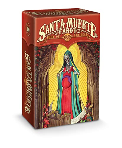 Red tarot deck box featuring Santa Muerte, the skeleton saint.