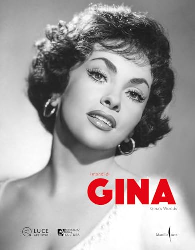 Black and white portrait of Gina Lollobrigida with the red title Gina's Worlds.