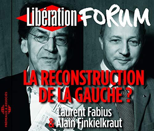 Black and white portraits of Laurent Fabius and Alain Finkielkraut with red text overlay.