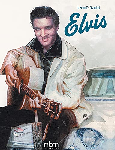 Painted portrait of Elvis Presley with a guitar, book titled "Elvis".