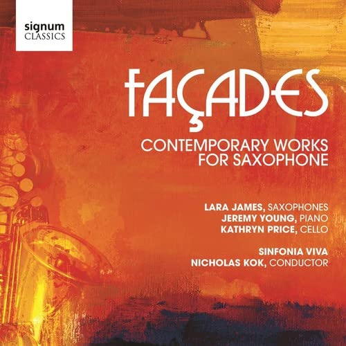 CD cover for "Facades" featuring a saxophone and abstract orange background.
