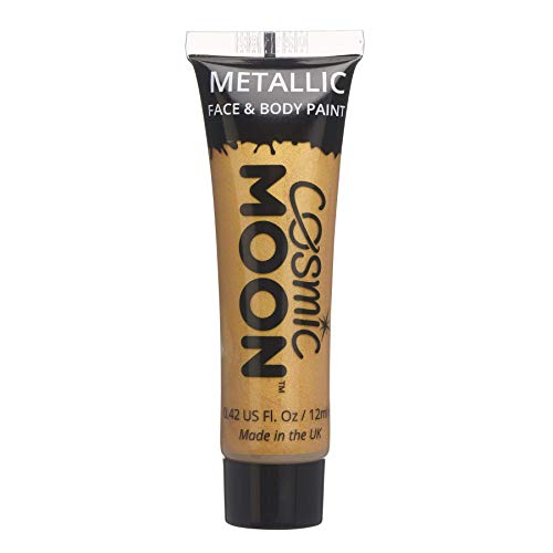 A tube of Cosmic Moon metallic gold face and body paint on white background.
