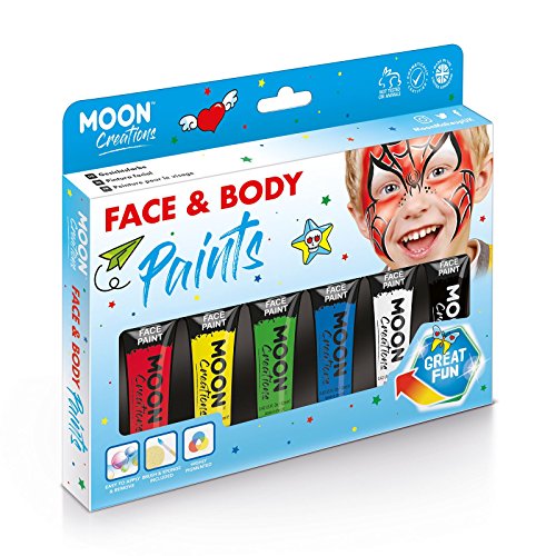 Box of six colorful face and body paints with example face paint.