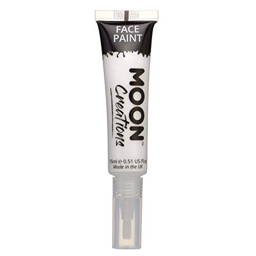 A white tube of Moon Creations face paint with a brush applicator tip.