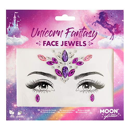 Unicorn Fantasy face jewels with purple and clear gems on a display card.