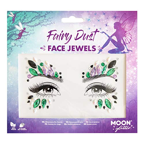 Package of green and purple adhesive face gems arranged in an eye makeup design.