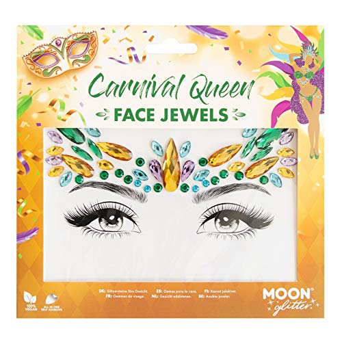Carnival Queen face jewels in green, gold, and purple on a display card.