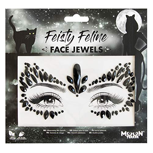 Black adhesive face jewels arranged in a cat-eye pattern on a display card.