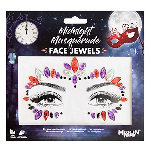 A sheet of adhesive face gems in red, purple, and clear colors on packaging.