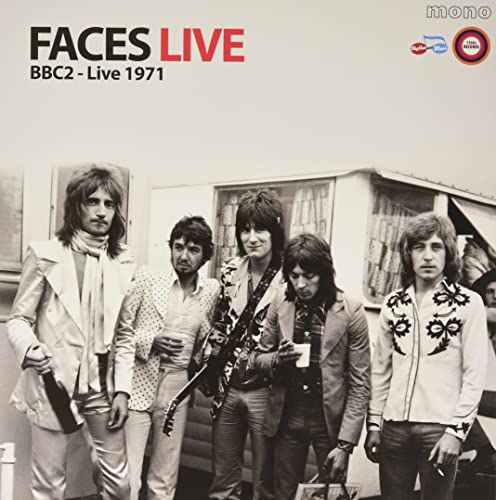 Faces band members in monochrome, standing outside a vehicle, vinyl record cover.