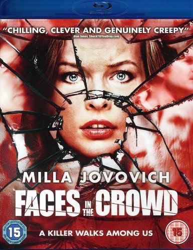 Blu-ray cover for "Faces In The Crowd" featuring Milla Jovovich’s fractured portrait.