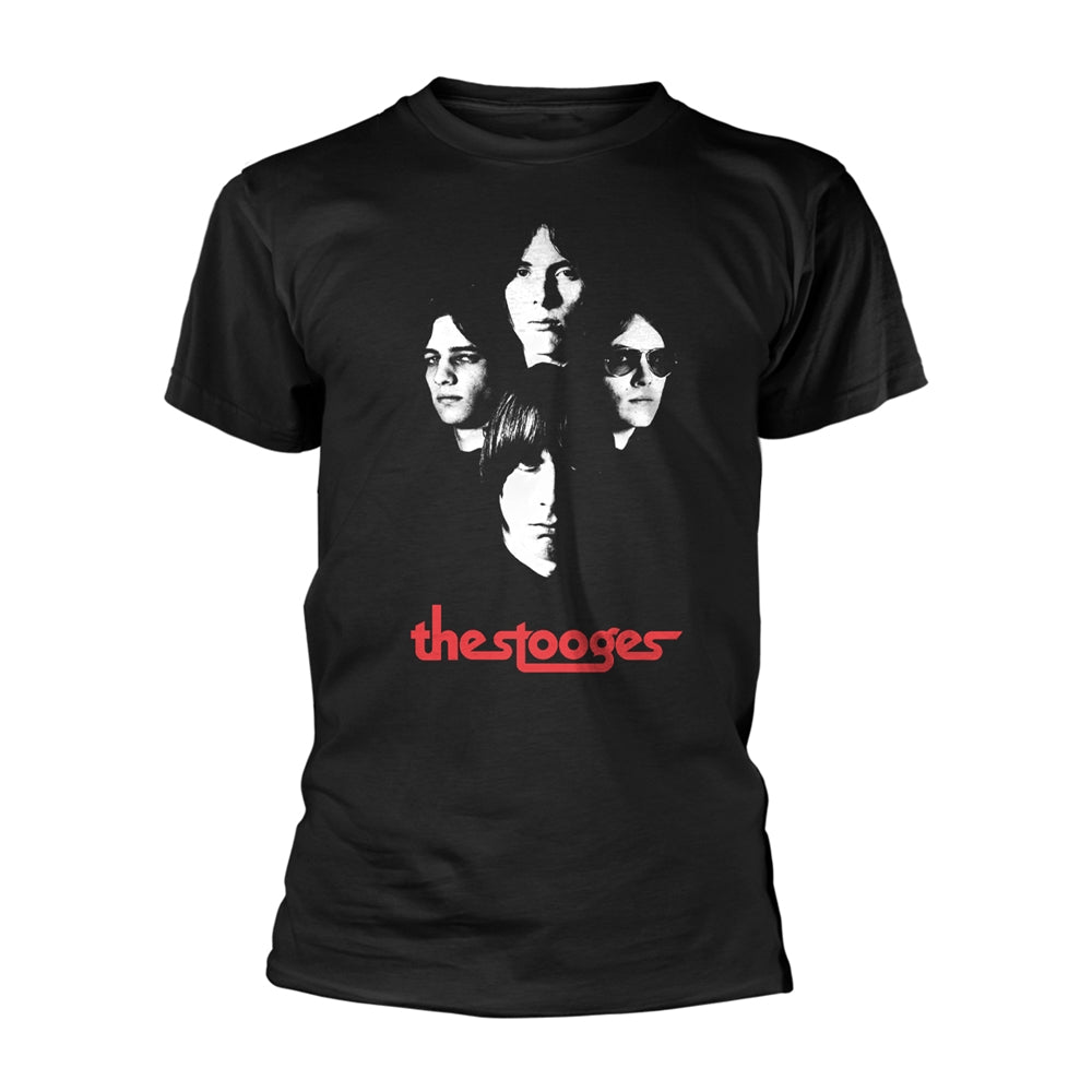 Black t-shirt with a white graphic of four faces and band name.