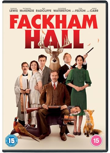 Fackham Hall" DVD cover featuring a group portrait with animals and firearms.