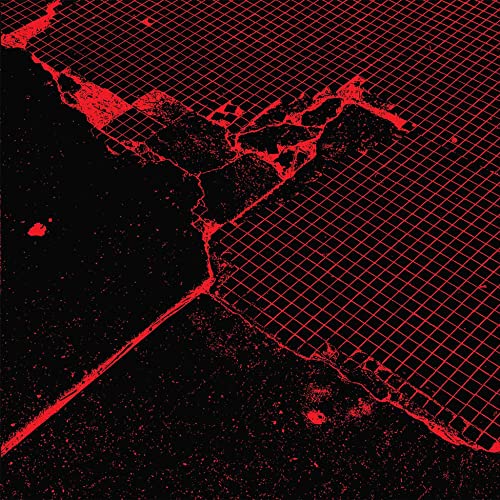 Red grid pattern over cracked, dark surface; album cover art.