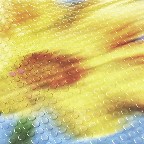 Abstract yellow and orange background covered in a grid of translucent circular bubbles.