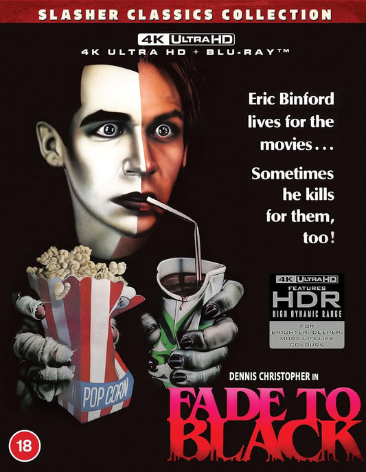 “Fade to Black” 4K UHD Blu-ray cover featuring a man with painted face and popcorn.