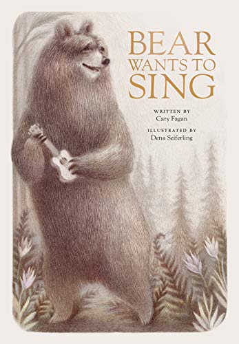 Brown bear playing a ukulele on the book cover "Bear Wants to Sing.