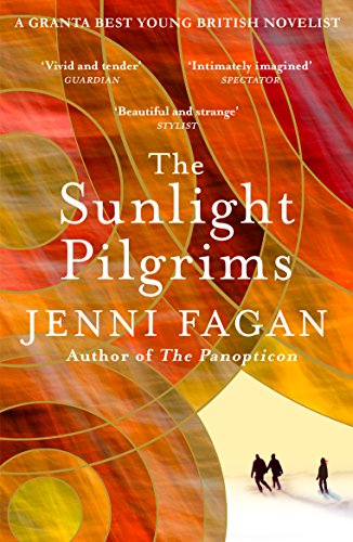 Book cover: "The Sunlight Pilgrims" by Jenni Fagan, abstract orange swirls.
