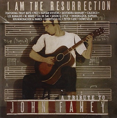 A man playing guitar on a music album cover with sheet music background.