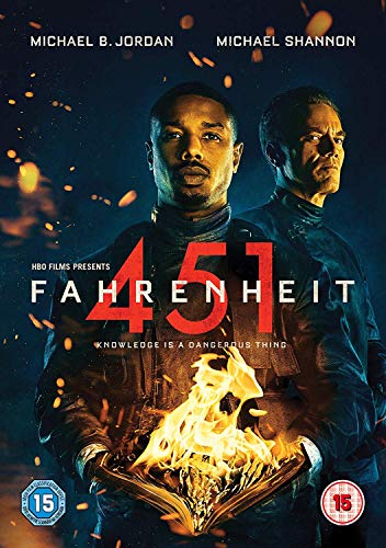 DVD cover for Fahrenheit 451 featuring Michael B. Jordan and Michael Shannon holding fire.