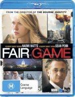 “Fair Game” Blu-ray cover featuring Naomi Watts and Sean Penn, with action imagery.