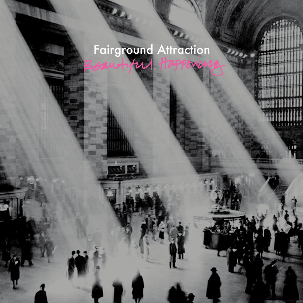 Black and white photo of Grand Central Terminal with light beams and album text.