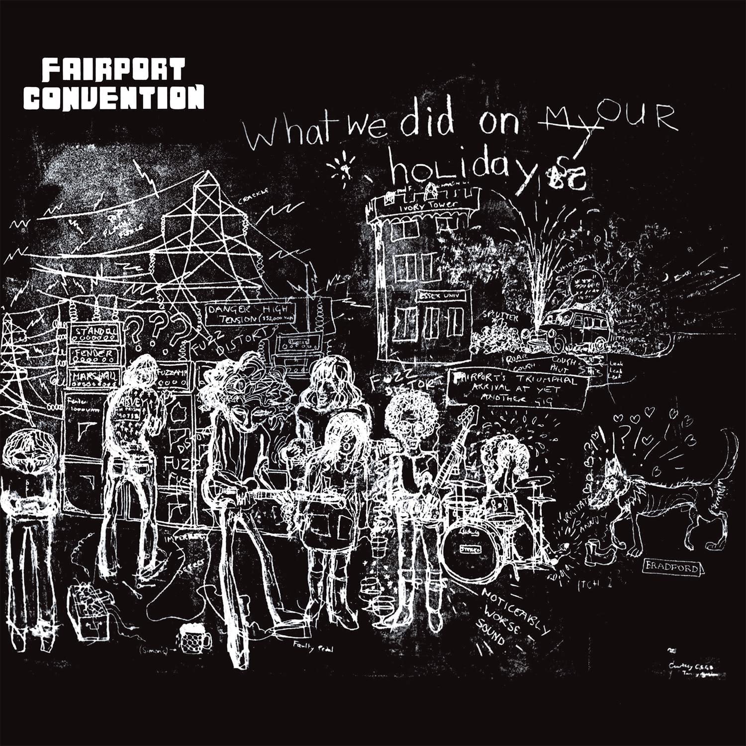 Black and white line drawing of a band performing, with text and doodle illustrations.