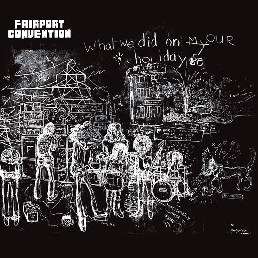 Black and white line drawing of a band performing, with text and doodle illustrations.