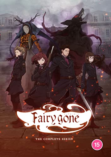 Anime characters and monstrous creatures stand before a building on the Fairy Gone cover.