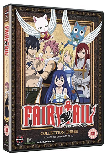 "Fairy Tail anime DVD box featuring colorful characters and creatures on a brown background."