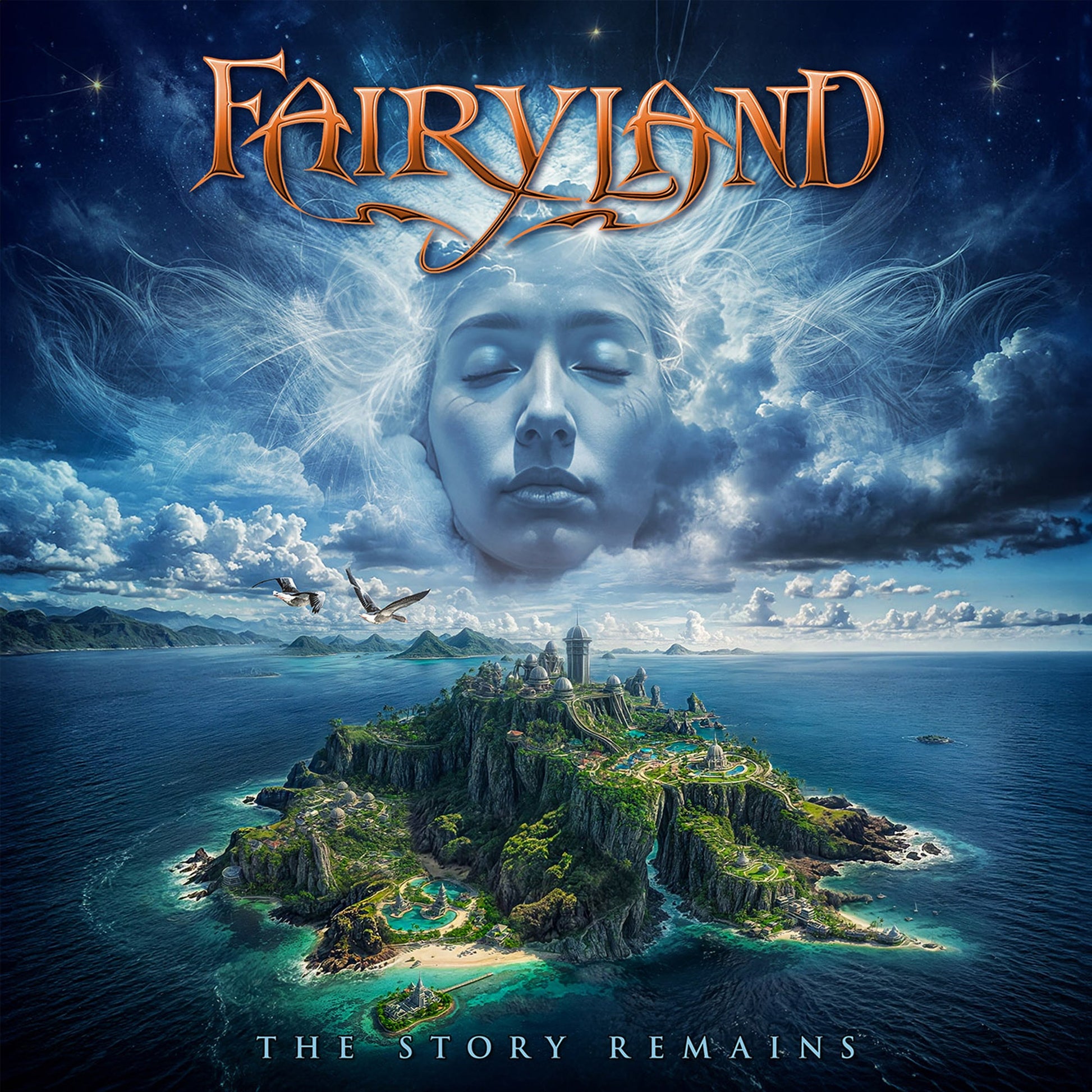 CD cover: fantastical landscape with a face in the clouds.