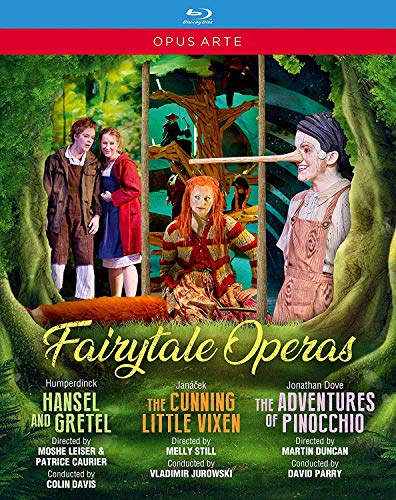 "Blu-ray cover featuring characters from 'Hansel and Gretel,' 'The Cunning Little Vixen,' and 'Pinocchio'."
