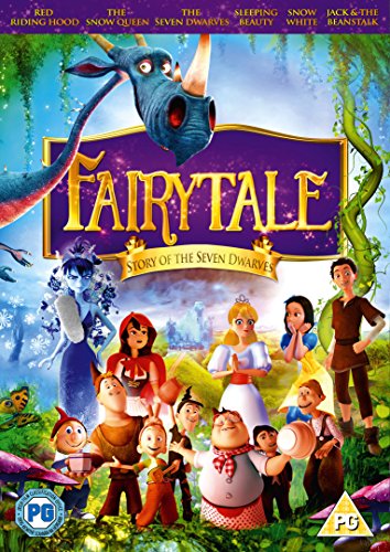 Animated Fairytale DVD cover featuring a blue dragon, seven dwarves, and various fairytale characters.