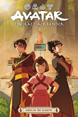 Three characters stand before a large building on the Avatar book cover.