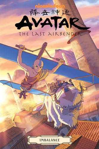 Aang flies on his glider above Appa carrying passengers over a city at sunset.