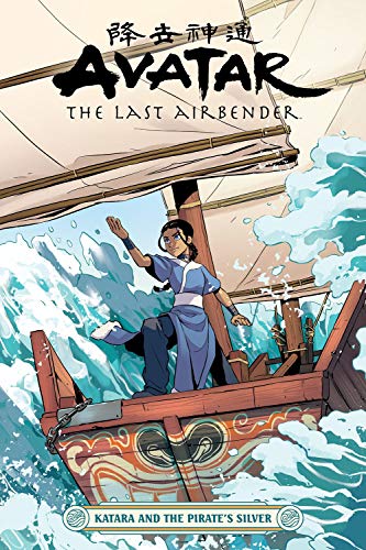 Katara stands on the bow of a ship amidst crashing waves.