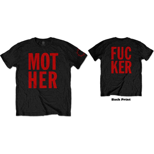 A man wears a black t-shirt with the word MOTHER printed in red letters.