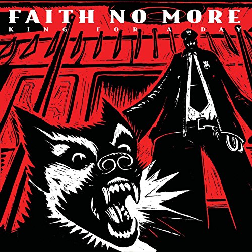 Stylized black and white illustration of a snarling dog and a police officer on red.