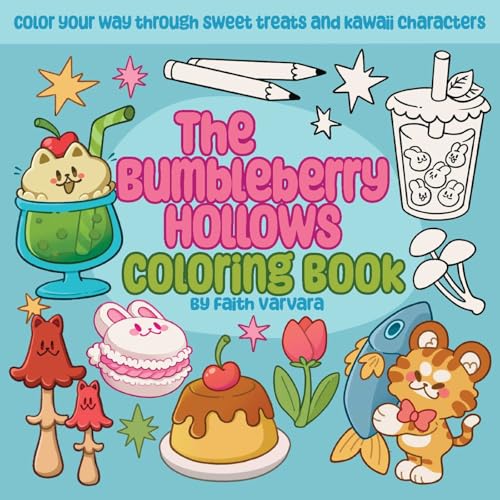 Coloring book cover with cute animal characters and colorful desserts.