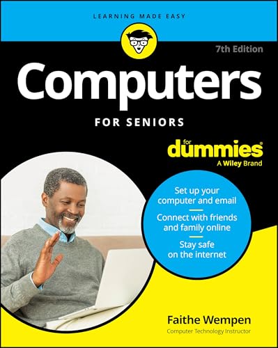 Book cover: "Computers for Seniors For Dummies" with a senior using a laptop.