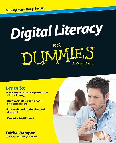 Book cover for "Digital Literacy for Dummies" with a man using a laptop.