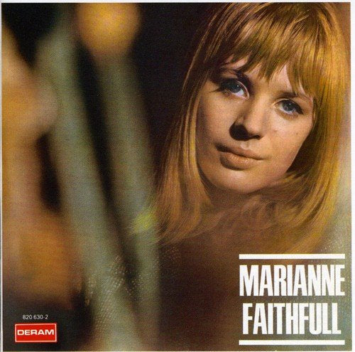 Close-up portrait of Marianne Faithfull with text and blurred flowers.