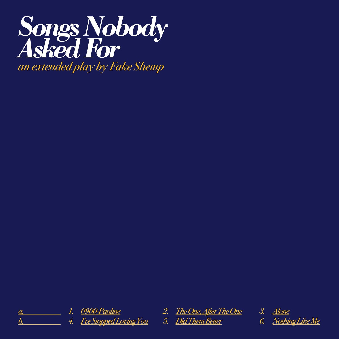 Album cover with white text on a dark blue background listing songs and artist.