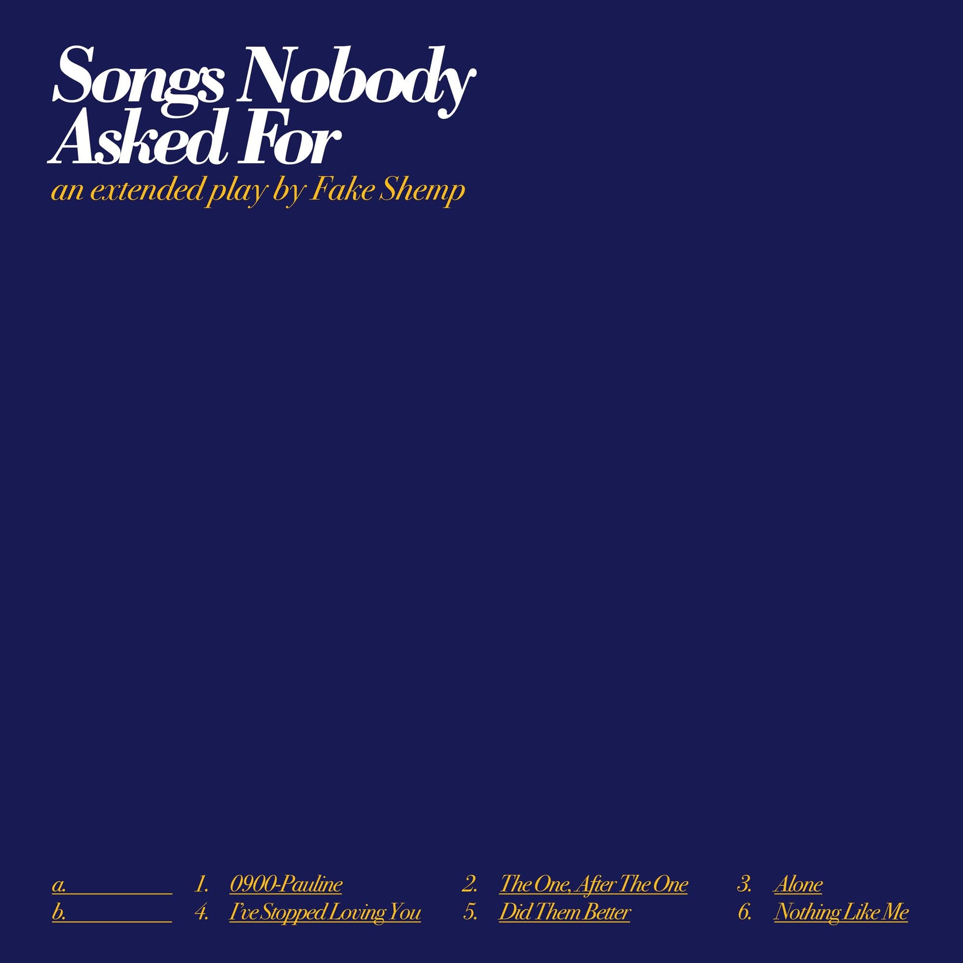 Album cover with white text on a dark blue background listing songs and artist.