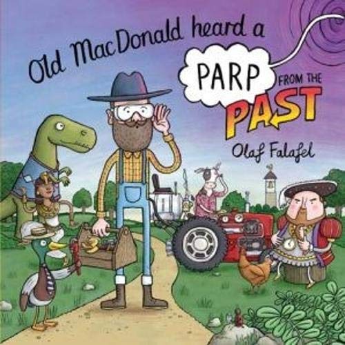 Old MacDonald and farm animals with a tractor, humorous illustration.
