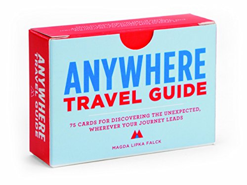A light blue and red box for Anywhere Travel Guide card deck.